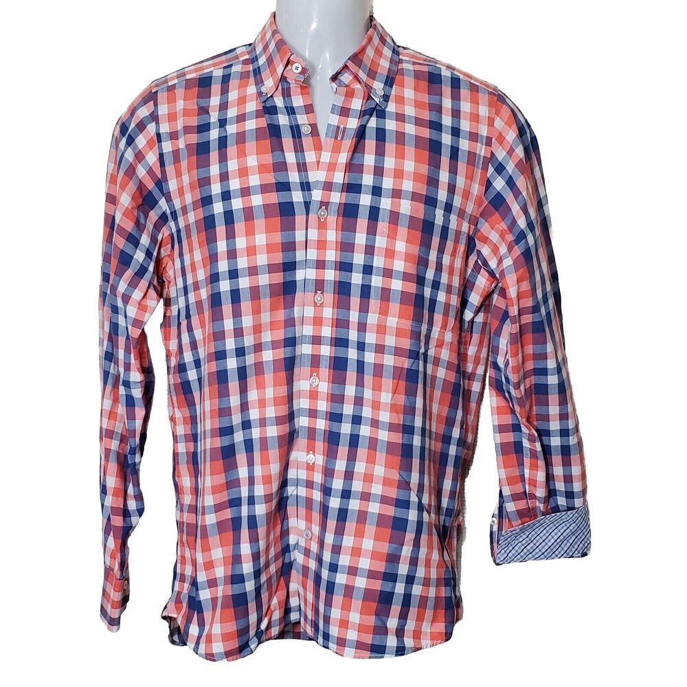 J Mclaughlin Shirt Mens Small Trim Fit Button Up Red Blue Plaid Cotton